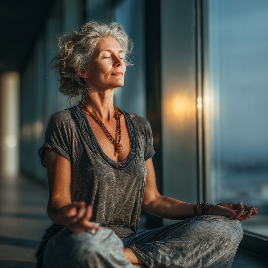 Літня людина займається йогою на природі