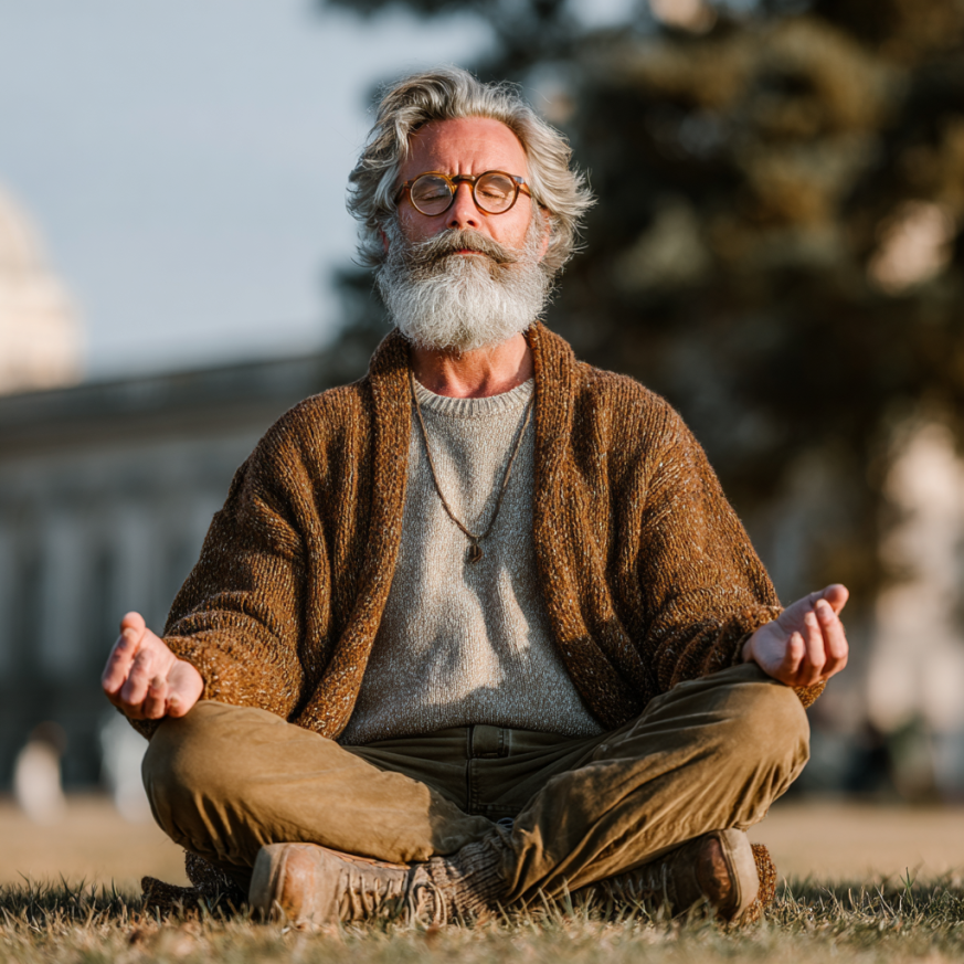 Літня людина у позі лотоса на заході сонця